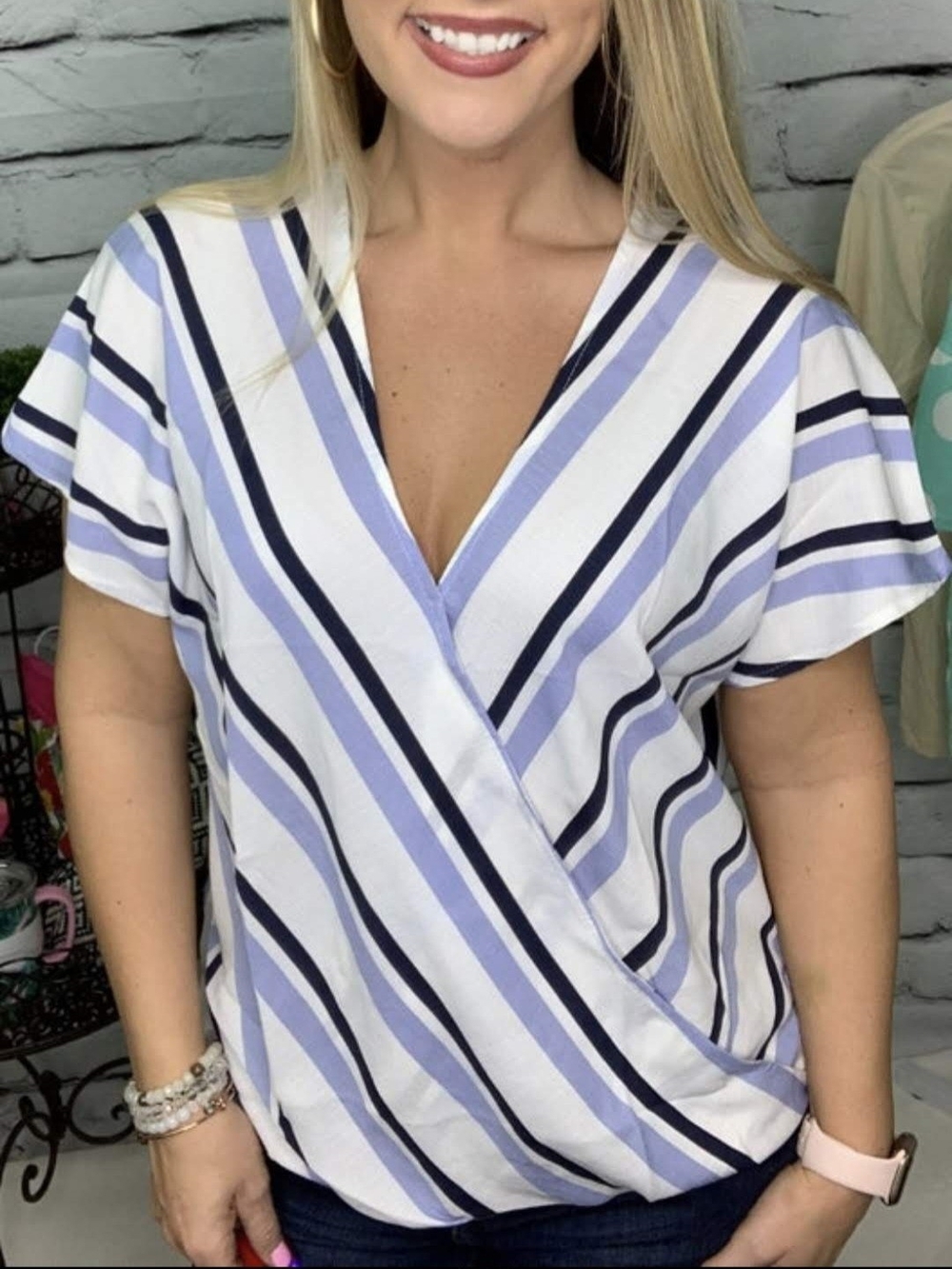 Cotton Bleu Striped Wrap-Front Short Sleeve Top - White, Light Blue, & Navy